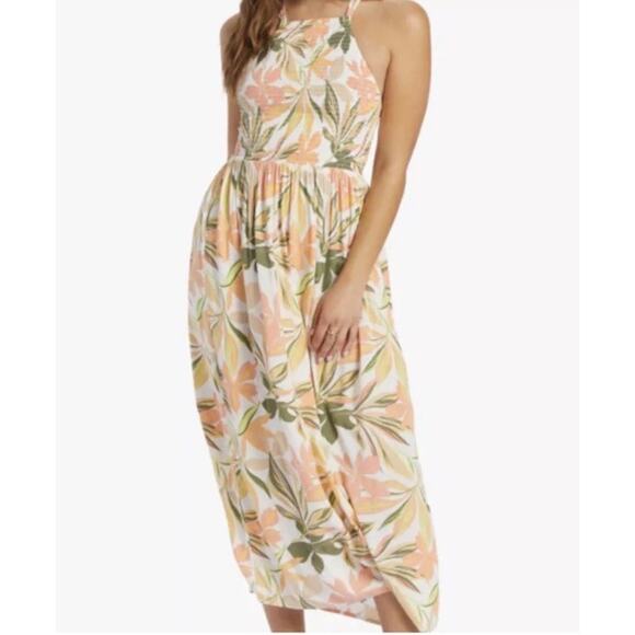 Roxy Bungalow Midi Dress Floral Size SP Hawaiian Smocked Halter Boho Coastal - Picture 1 of 9